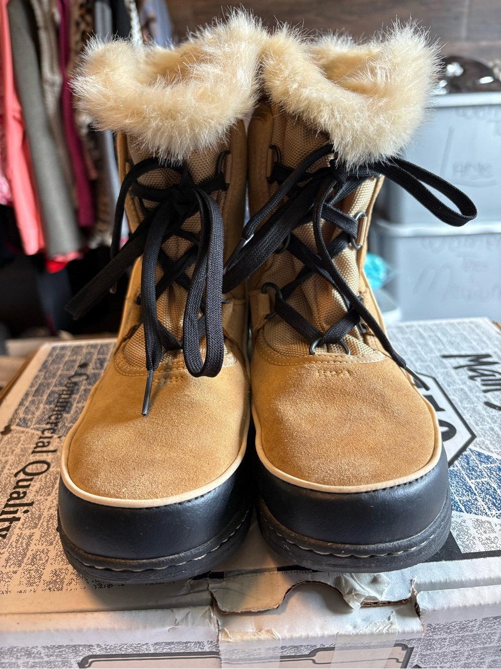 Sorel Tan Suede Lace-Up Winter Boots with Faux Fur Trim